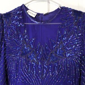 Size S Iridescent Blue Beaded 100% Silk Cocktail Dress Denise Elle